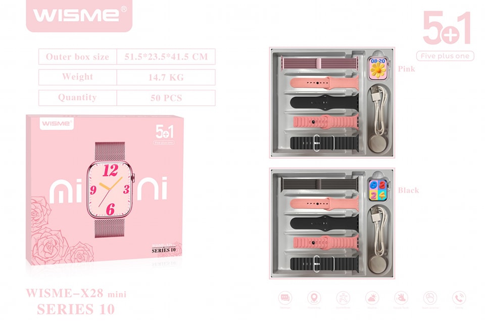 BİLİŞİM BURADA X28 Mini Series 10 Pembe Akıllı Saat  5 Kayışlı, Kablosuz Şarjlı, Şık Tasarım, Hızlı Kargo